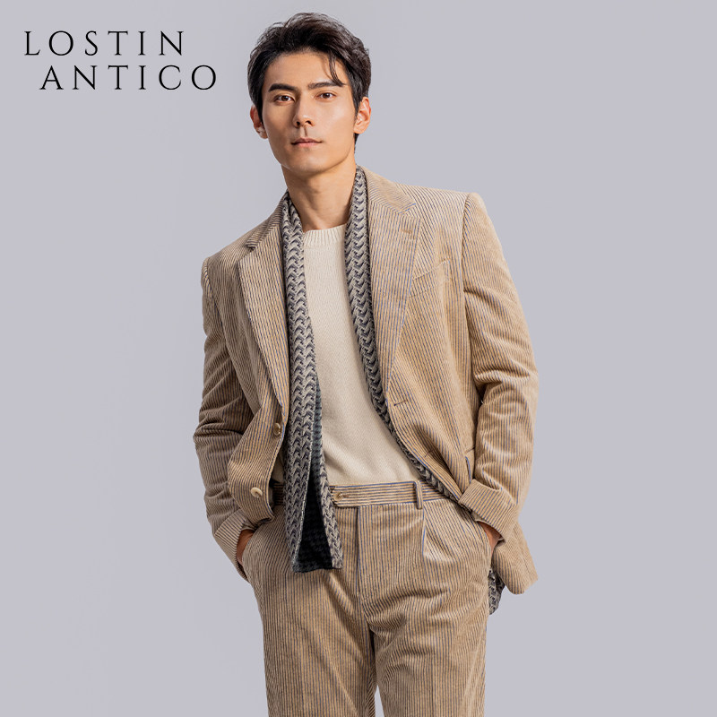 南意风意式复古卡其色商务休闲灯芯绒男士西服套装高级感西服外套