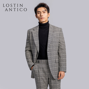 意式威尔士亲王格黑白格纹半麻衬单排休闲西装套装