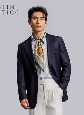 意大利1881半麻衬墨绿条纹格纹休闲商务单排西装上衣