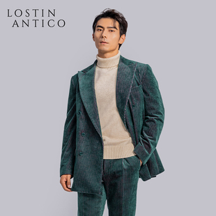 男高级感西服绿色绅装 套装 外套 复古灯芯绒商务休闲西装 南意风男士