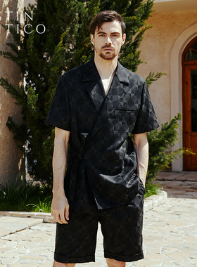 意式轻奢复古棋盘格子飘带设计高级感休闲时尚短袖西装