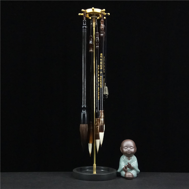 铜杆笔架毛笔挂学生墨碟创意摆件挂笔卖笔展示架毛笔架砚台兜水