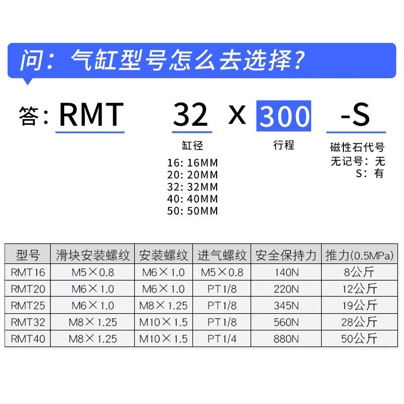 厂家直供滑台带导杆磁偶式多规格RMT*16/20/25/32/40无杆气缸