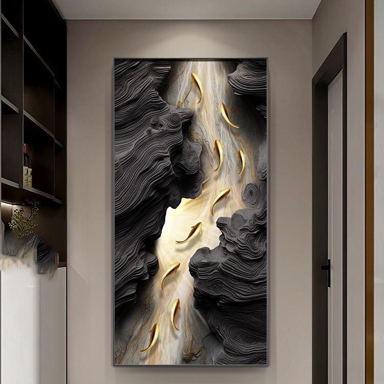 鱼图玄关装饰画简约现代走廊过道挂画寓意好发光led灯壁画轻奢