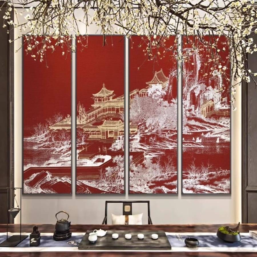 玄关茶室高档浮雕红色壁画客餐厅酒店书房中堂新中式多联装饰挂画图片