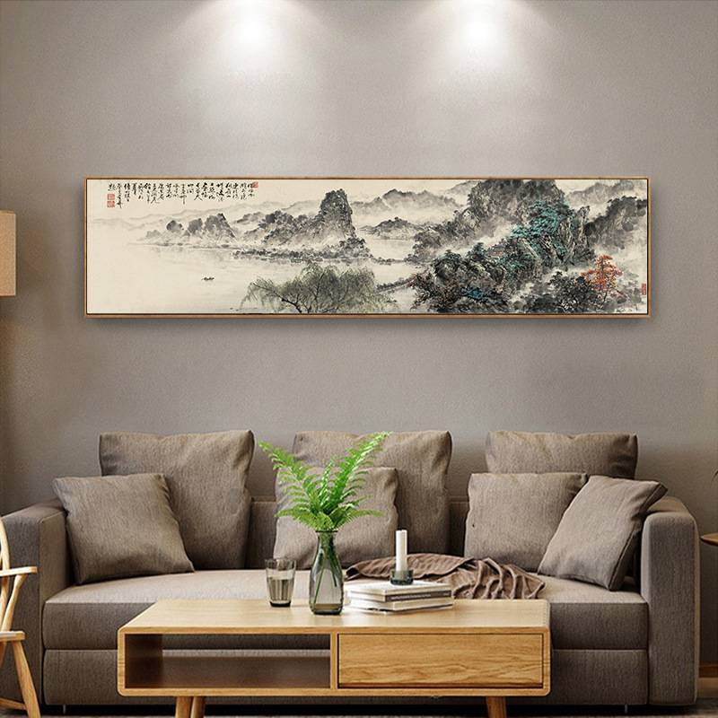 新中式酒店软装饰画宾馆卧室床头挂画横长条工笔国画竹山水画壁画图片