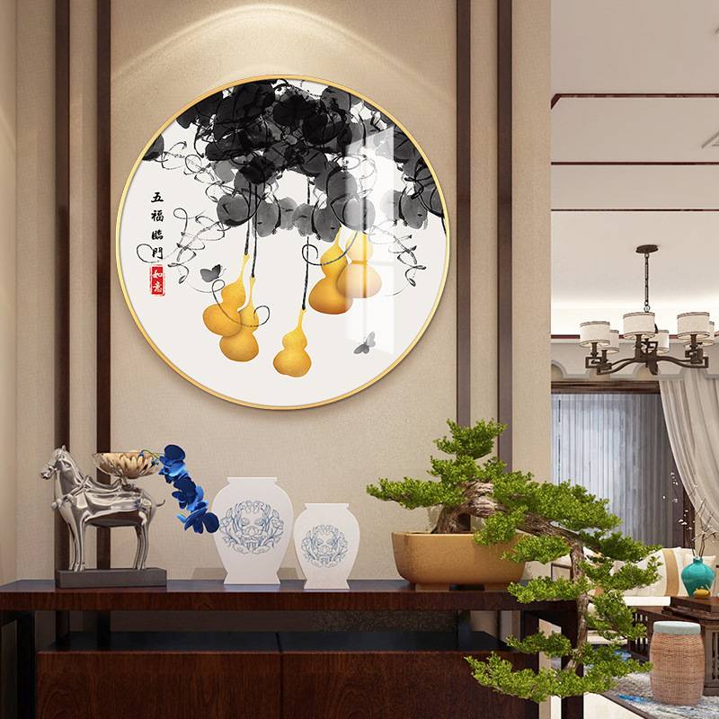 玄关装饰画圆形入户进门壁画新中式五福临门走廊过道挂画招财葫芦图片