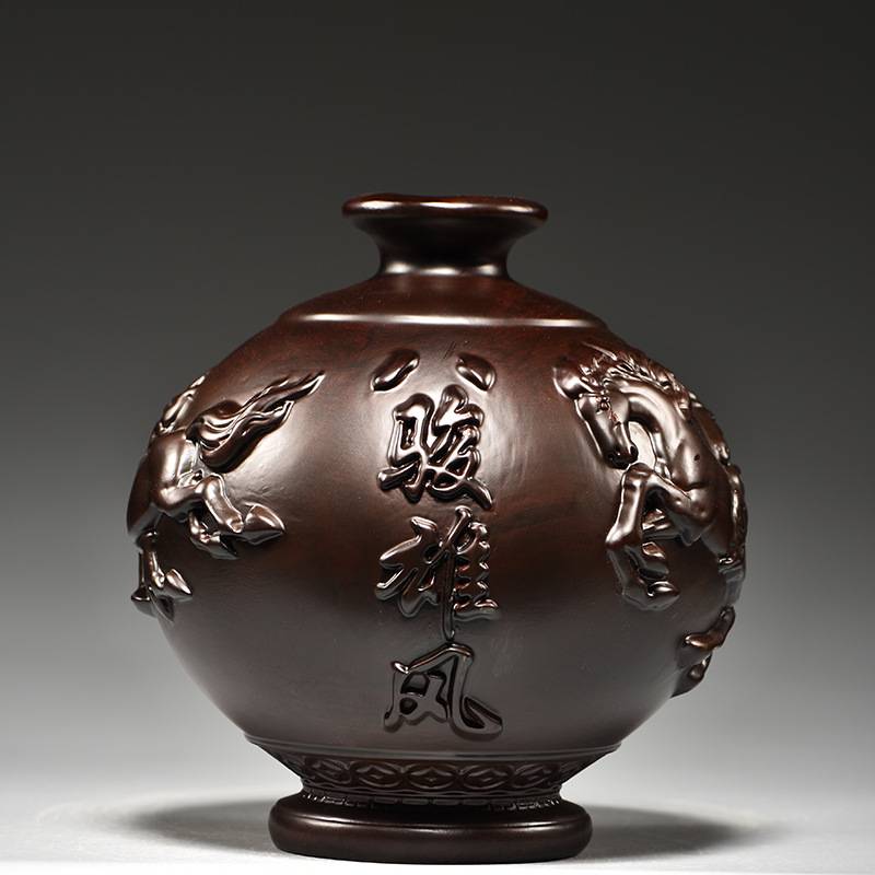 黑檀木雕八骏雄风花瓶摆件马到成功客厅插花装饰家居实木质工艺品