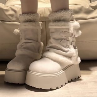 白色复古厚底加绒加厚雪地靴女款2025新款冬季保暖东北毛毛棉鞋子