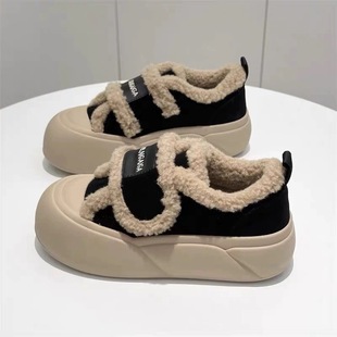 松糕底魔术贴棉鞋女冬加绒加厚2025冬季新款一脚蹬乐福鞋面包鞋潮