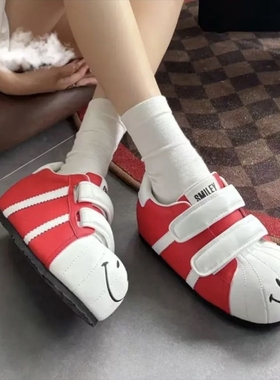 笑脸贝壳头红白大头鞋女秋新款厚底增高魔术贴丑萌通勤休闲面包鞋
