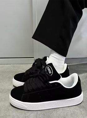 2025春秋季翻毛皮黑色面包鞋男复古小众ins潮百搭情侣滑板鞋子女