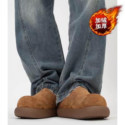 厚底加绒勃肯鞋丑萌包头半拖鞋男外穿2025新款秋冬软底毛毛棉拖鞋