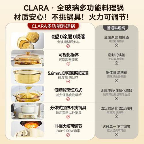 Clara可多莱功能锅全玻璃料理锅涮烤锅体煎烤肉火锅锅煮0涂层分式