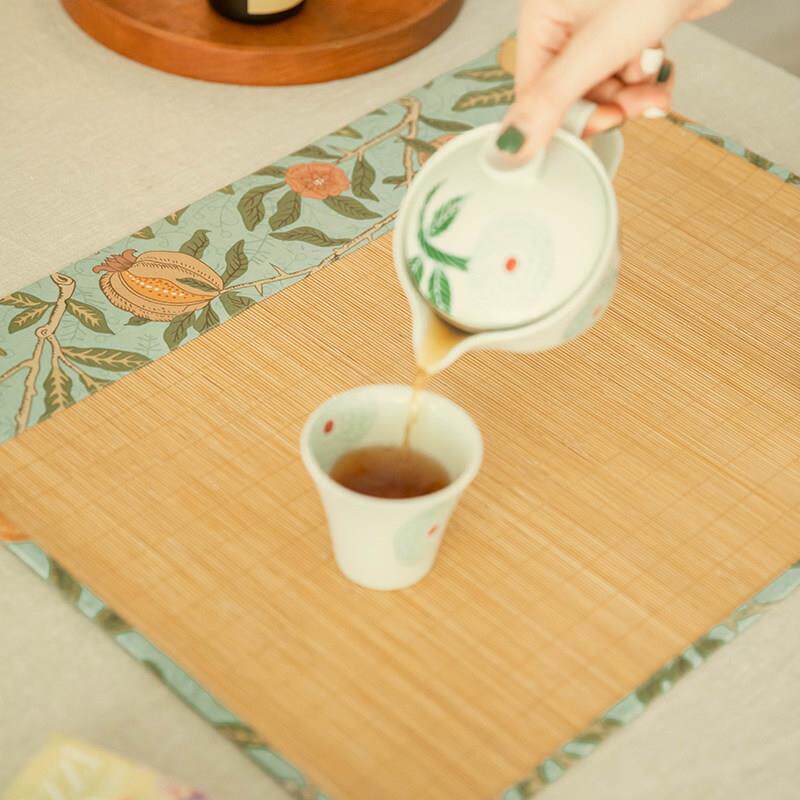 阳春小小端席竹石榴与花席小尺寸茶新中式禅意垫子茶镇巾高防水中