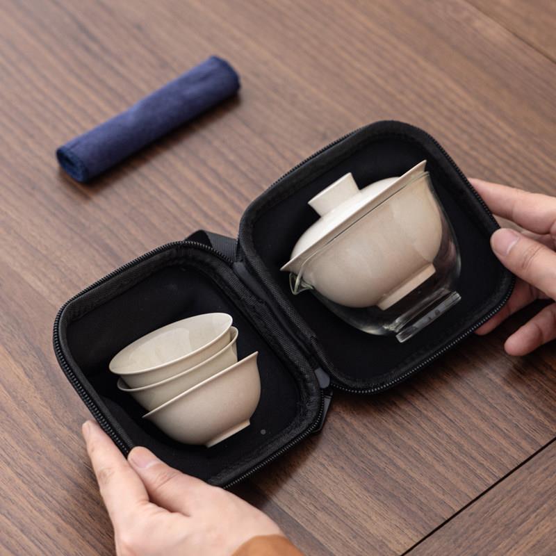 草木灰二瓷盖碗旅行茶具CDE一壶三户外陶便携杯式露营泡茶快客杯