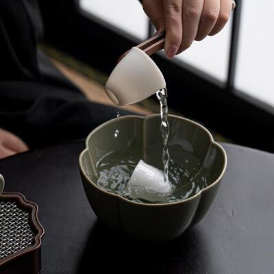 窑越建青瓷花瓣水陶瓷茶中式大号功夫茶具洗笔洗越窑青瓷茶渣缸水