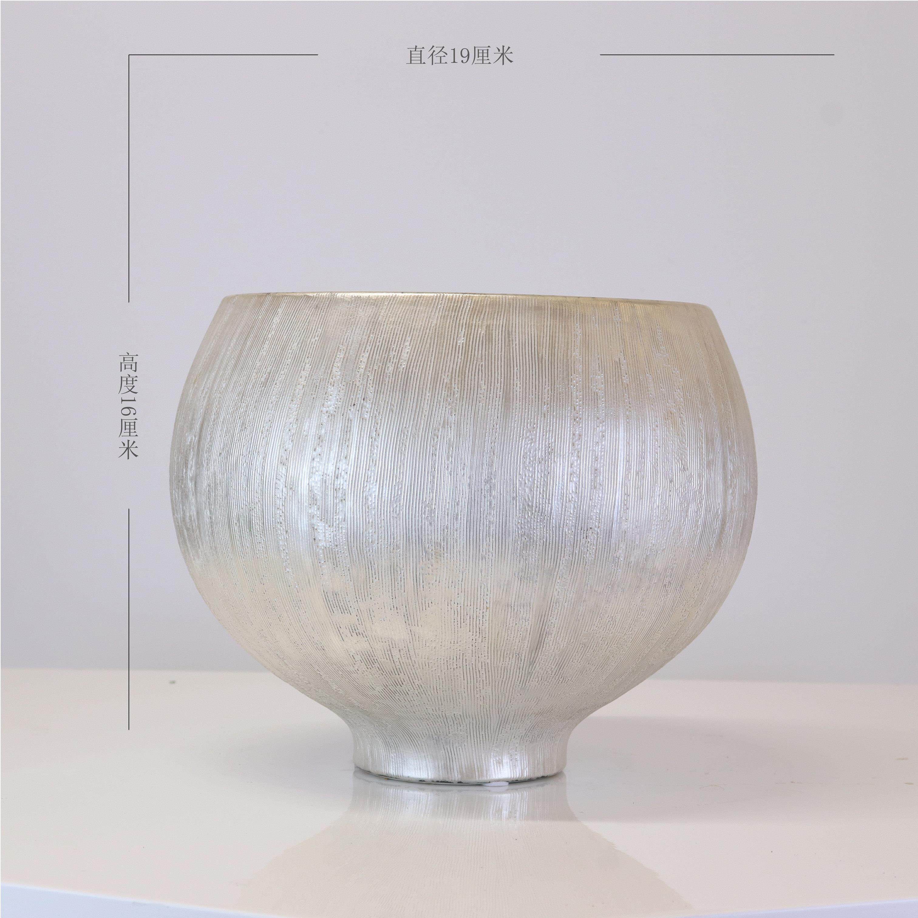 轻奢简约线肌竖理件银色高温陶瓷花盆花器D176-1H 苔藓洽桌桌面摆