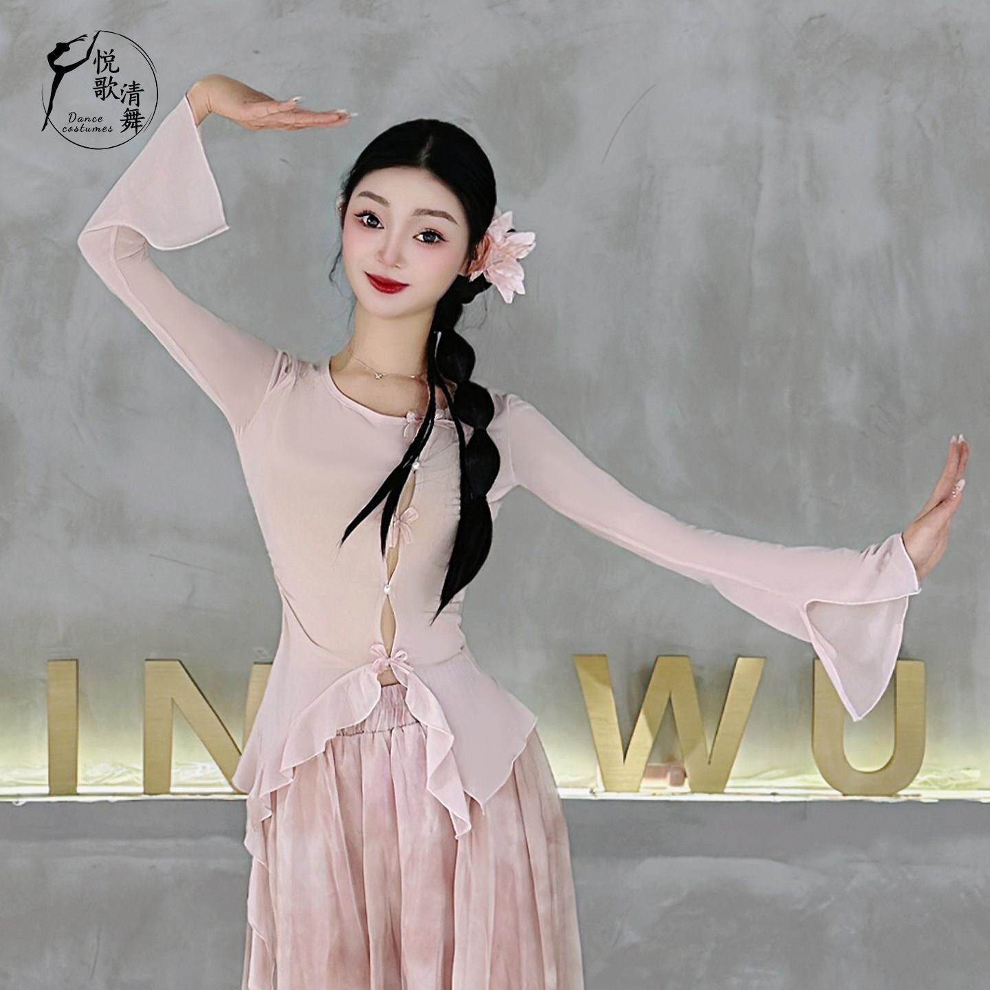 古典舞纱飘逸出国服表演长衣袖女网纱好看的舞演蹈练功服中舞上衣