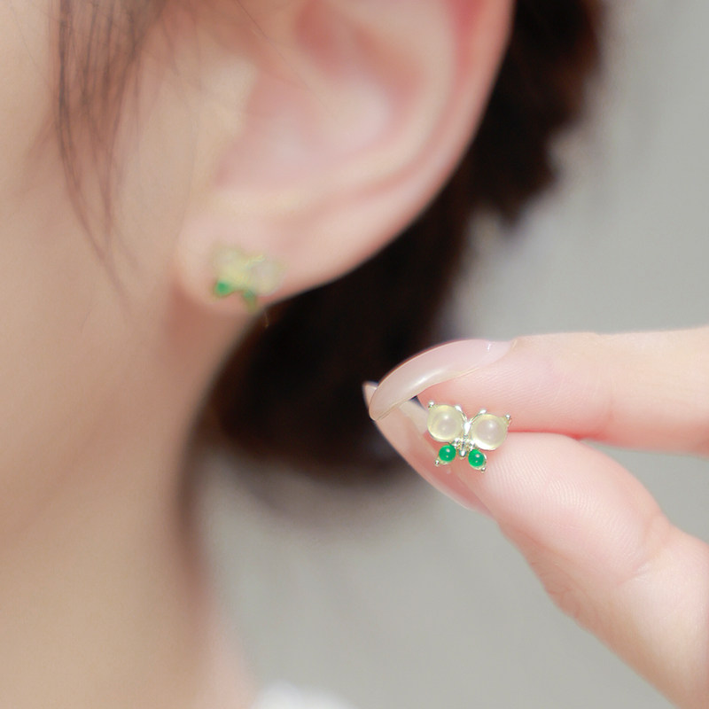 若在江南｜天然玉髓蝴蝶耳钉纯银养耳洞新中式耳饰高级感节日礼物