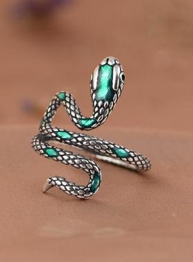 网红- 925银戒指 复古做旧潮人设计银蛇开口指环男女戒手饰银饰
