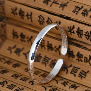 网红-足银光面银饰镯子女款时尚手环心经文简单文艺女士开口手镯
