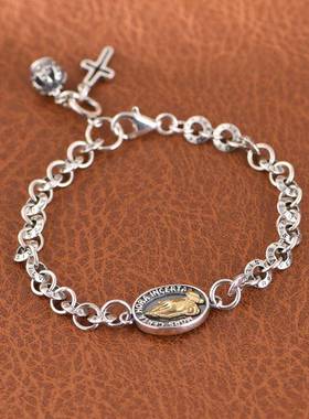 网红- 925银手链复古个性双手合十十字花皇冠圆环链手环男女饰