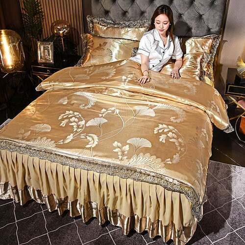 式床裙款四件庆套贡欧缎提花MZY70100丝被套全棉丝绸蕾床单婚床上