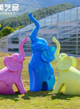 几何抽象楼大象装玻璃DX3004钢动物雕塑公园小酒店商场售处饰摆件