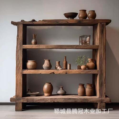 老榆木两层博古架地小落书架茶具卧层储架NRN室文玩架茶具物架