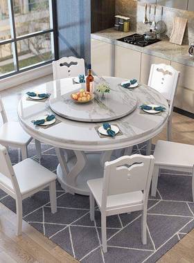 大理餐桌石椅组合全实木圆圆形极简桌带转盘中式家用VQW酒圆店大