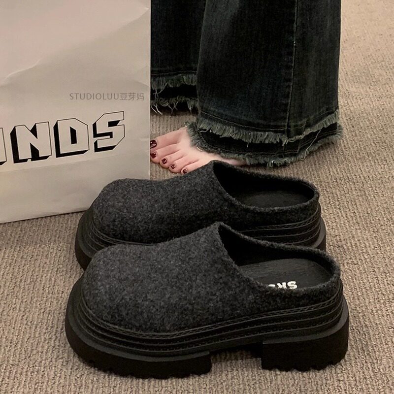 香港真皮厚底包头半拖鞋女外穿2025新款秋冬季休闲增高灰色勃肯鞋