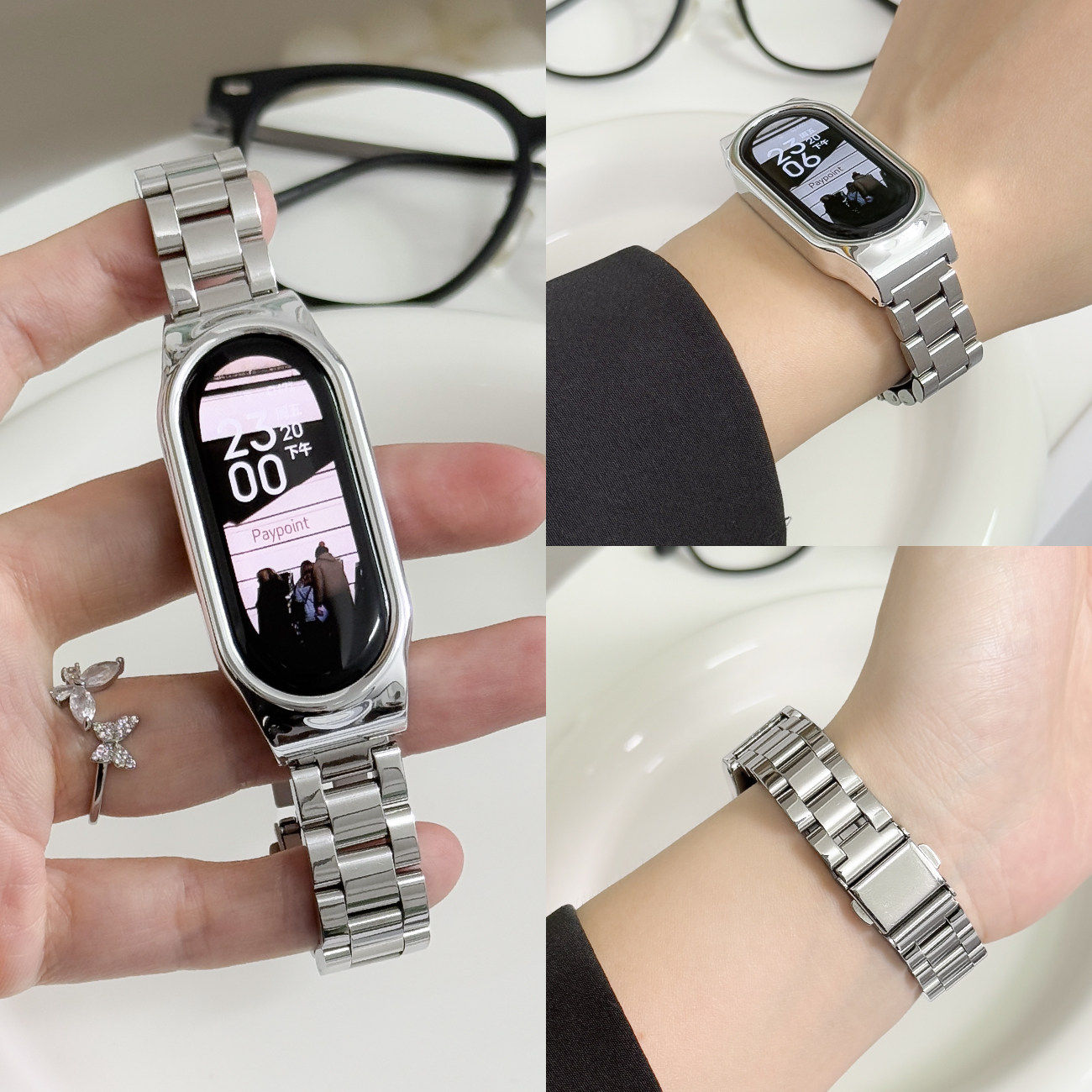 适用于小米手环8/9表带band10腕带高级感三株精钢款替换带智能运
