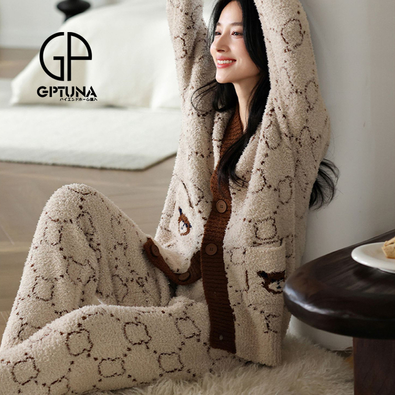 日本GP睡衣女秋冬半边绒珊瑚绒加绒加厚可外穿家居服冬季保暖套装