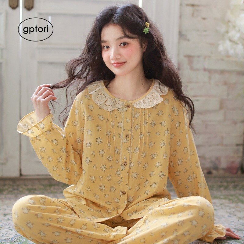 日本GP甜美碎花睡衣女款春秋季纯棉纱布长袖全棉大码家居服新款