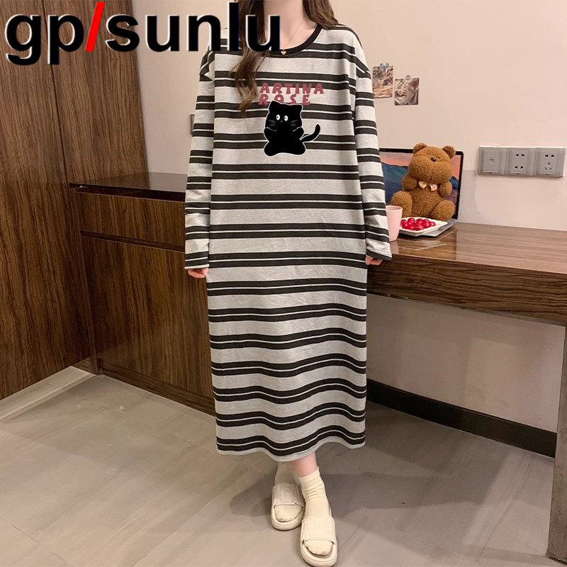 日本GP纯棉睡裙女春秋冬季长袖中长款大码睡衣可爱卡通条纹家居服