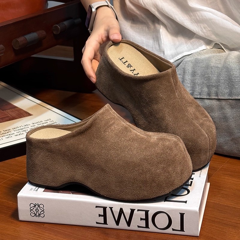 A.D Hepburn 磨砂大头厚底勃肯鞋女2025秋新款休闲松糕包头半拖鞋