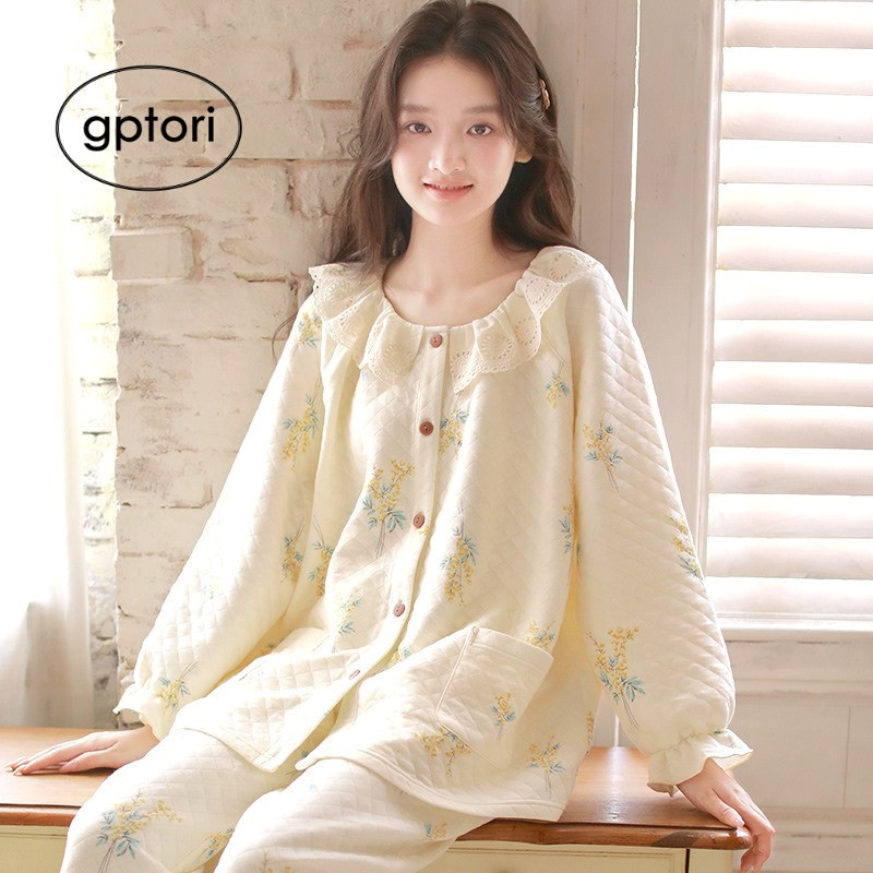 日系GP花边领睡衣女秋冬甜美保暖夹棉长袖学生可外穿空气棉家居服