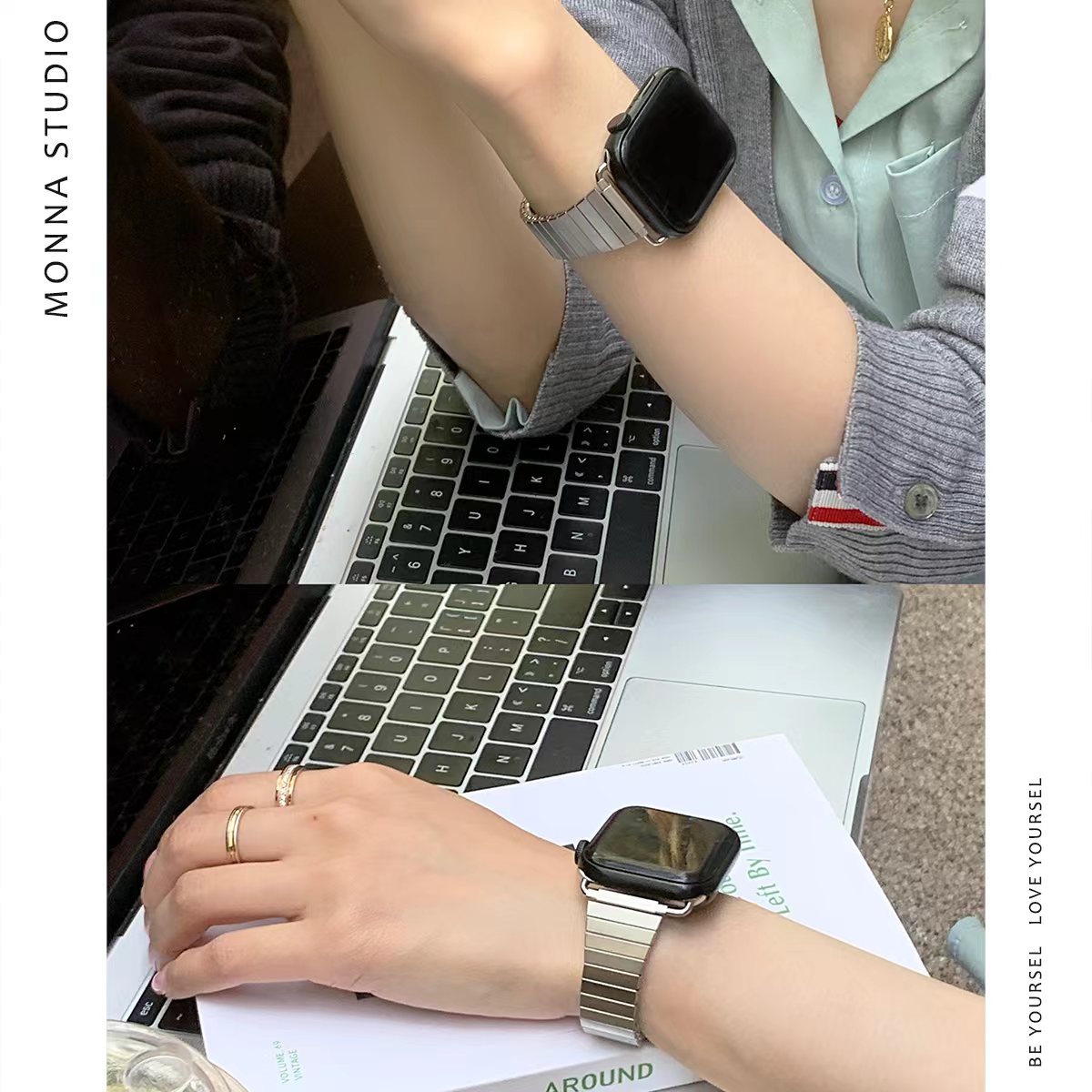 Monna简约高级感金属不锈钢弹力竹节小蛮腰表带iwatch10987se/s11