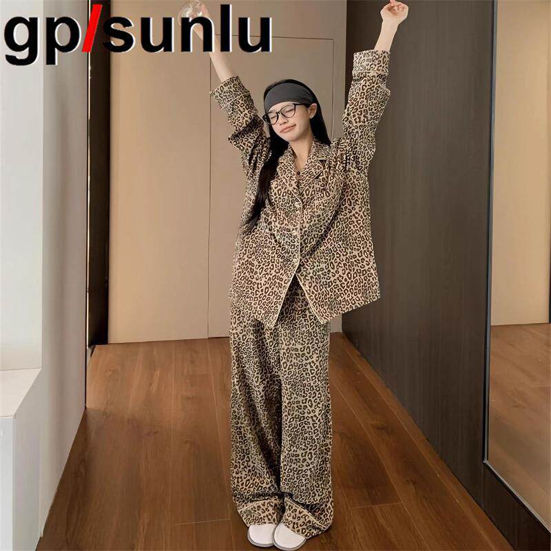 日本GP德绒睡衣女款秋冬季高级感豹纹开衫加厚保暖长袖家居服套装