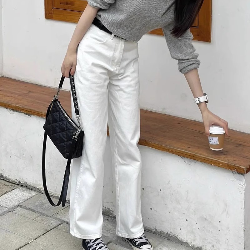 白色窄版牛仔裤女秋冬2025新款时尚高腰宽松显瘦阔腿直筒休闲长裤