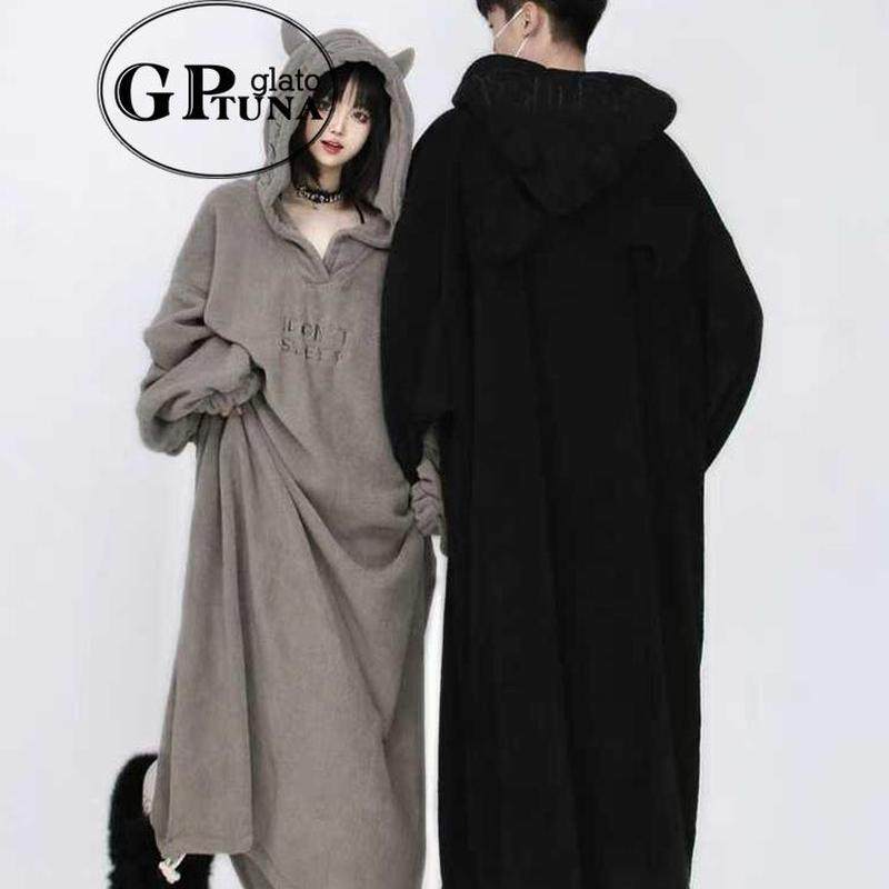 日本GP珊瑚绒情侣睡衣秋冬款女可爱法兰绒加绒睡裙男士睡袍家居服