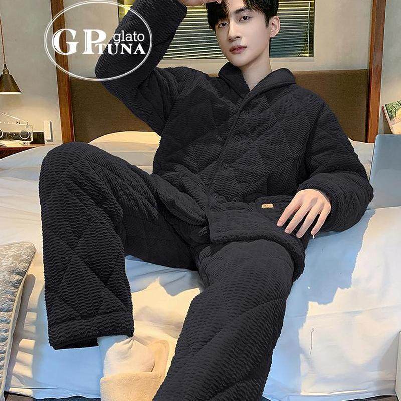 日本GP珊瑚绒三层夹棉睡衣男款冬季高级感简约加绒加厚男士家居服