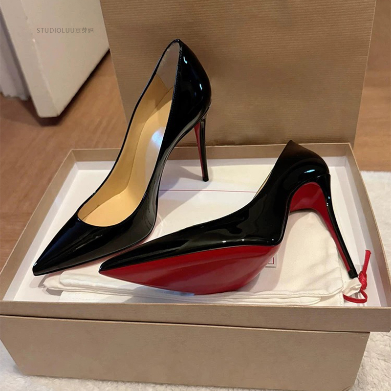 香港真皮细跟漆皮高跟鞋女2025新款秋冬季尖头红底黑色不累脚单鞋