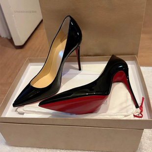 香港真皮细跟漆皮高跟鞋女2025新款秋冬季尖头红底黑色不累脚单鞋