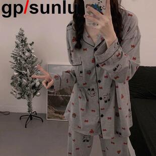 日本GP纯棉睡衣女款春秋季长袖可爱卡通灰色猫咪开衫家居服两件套