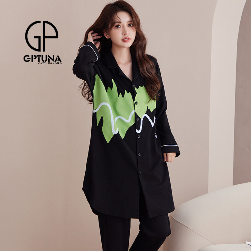 日本GP纯棉睡衣女春秋款长袖加肥大码宽松中长款套装秋冬季家居服