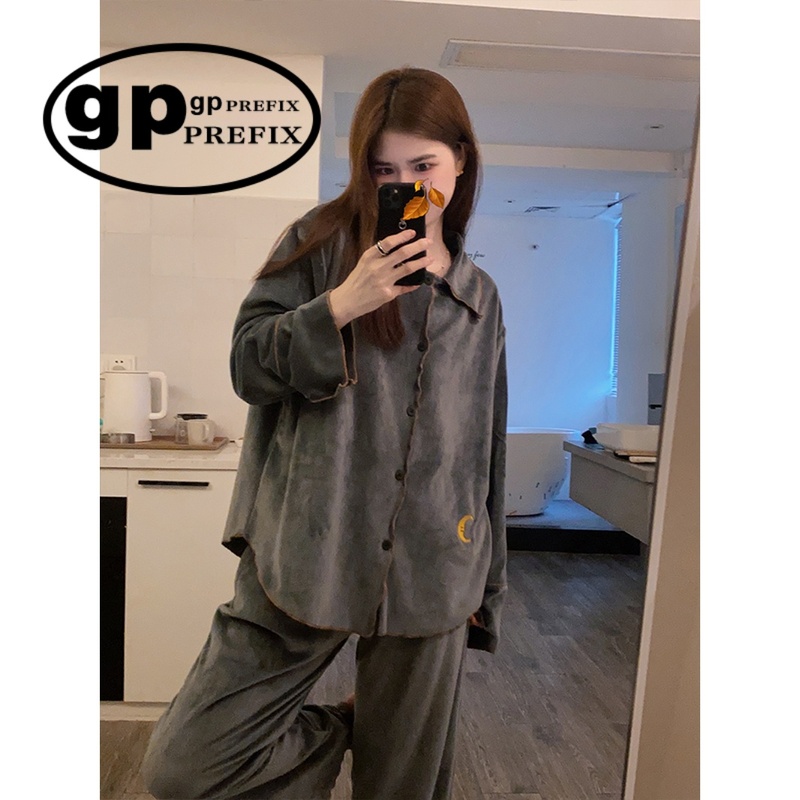 日本小众GP睡衣女款海岛绒慵懒加厚长袖长裤保暖秋冬季家居服套装