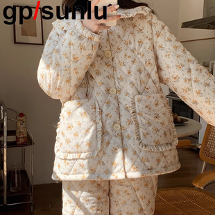 日本GP三层夹棉碎花女士睡衣秋冬季大码加绒加厚珊瑚绒家居服套装