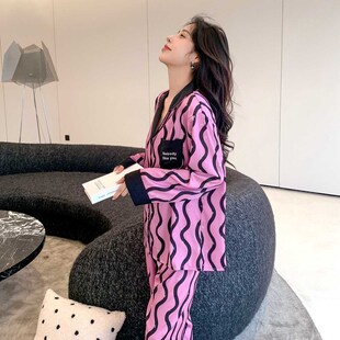 真丝睡衣女款春秋款长袖条纹2024新款夏季高级感桑蚕丝家居服套装